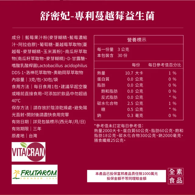 【御熹堂】即期良品 舒密妃 專利蔓越莓益生菌-3入組(一入30包、甘露糖、私密處益生菌、36毫克前花青素)