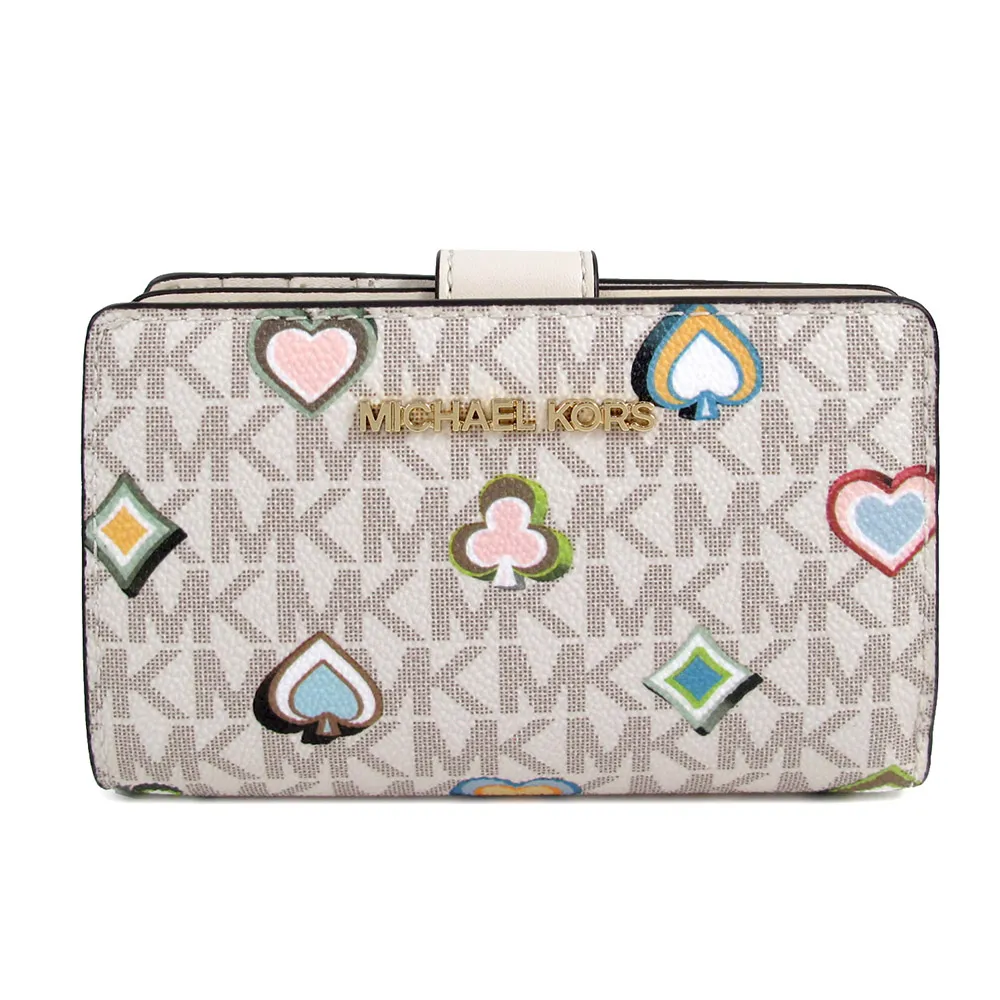 【Michael Kors】金LOGO防刮皮革壓扣式中夾(白色)