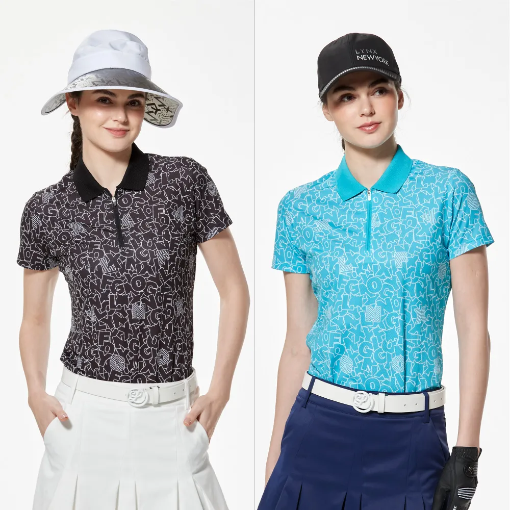 【Lynx Golf】女款吸溼排汗滿版LOGO塗鴉感印花後背配布剪裁短袖立領POLO衫/高爾夫球衫(二色)