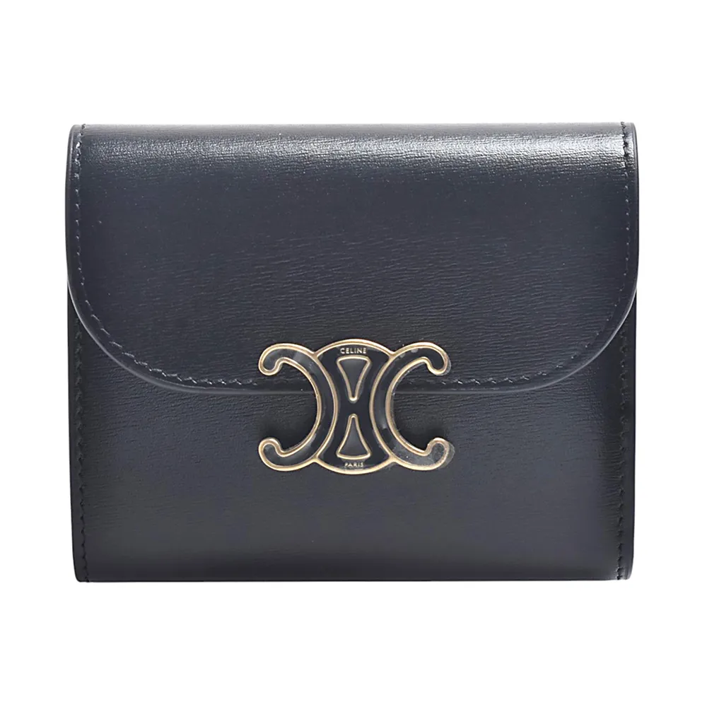 【CELINE】經典品牌黑金琺瑯LOGO TRIOMPHE 亮澤光滑小牛皮短夾(黑色)