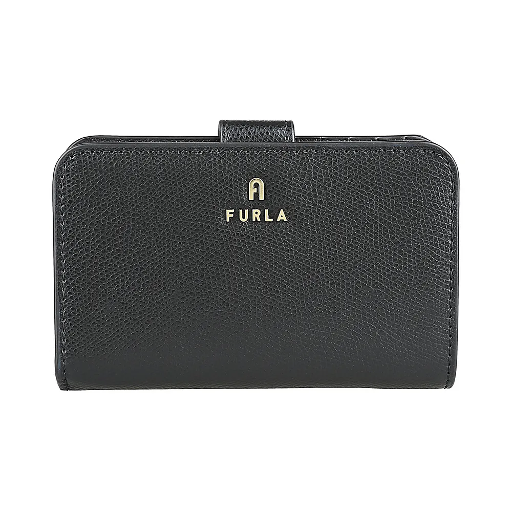 【FURLA 芙拉】FURLA Camelia雷雕金字LOGO牛皮10卡按釦式拉鍊零錢中夾(黑)