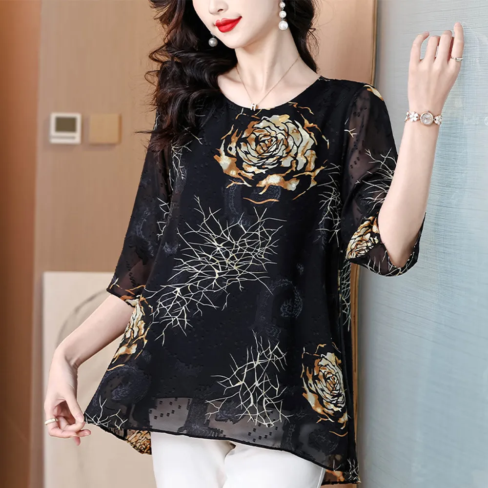 【ALLK 歐楷】新品 印花雪紡上衣 黑色(尺寸L-XXL/中大尺碼/涼爽/透氣)
