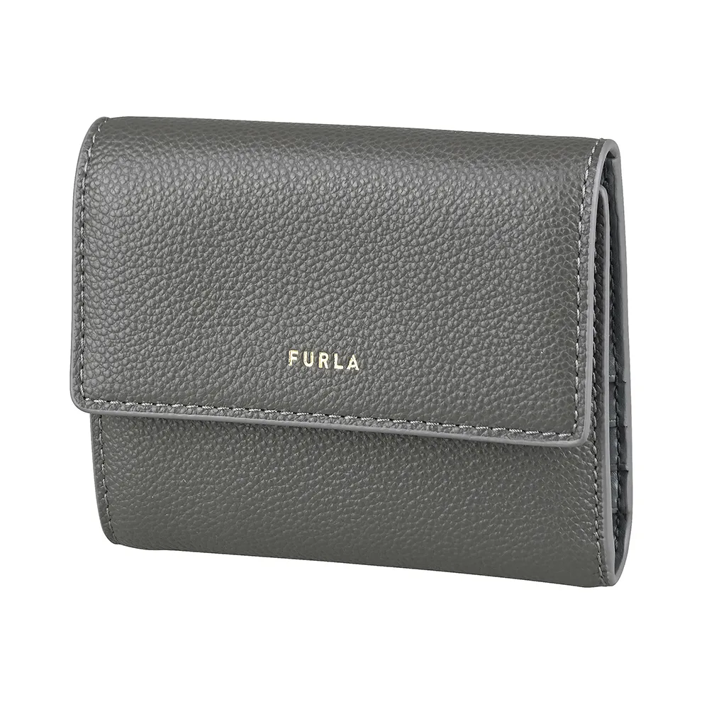 【FURLA 芙拉】FURLA Goccia燙金字LOGO小牛皮6卡壓釦式三折短夾(中/都市灰)