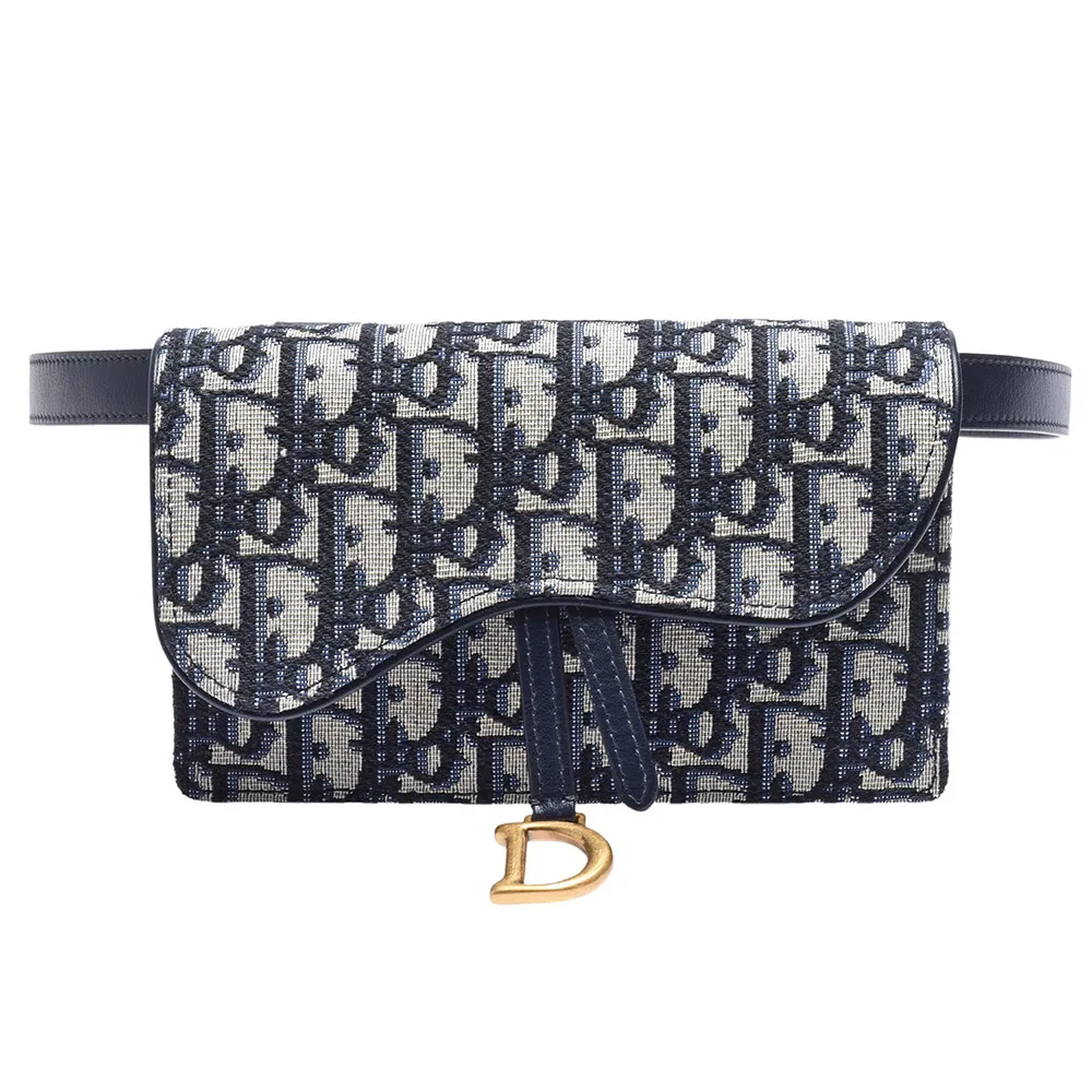 【Dior 迪奧】Saddle系列經典OBLIQUE緹花布小牛皮飾邊磁釦腰包(藍S5619CTZQ_928U)