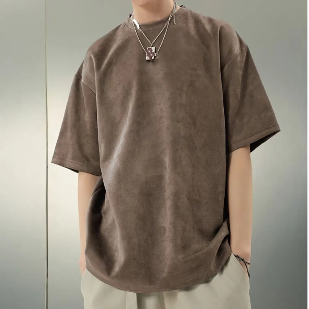 【AMERO】男女裝 麂皮絨圓領短袖T恤(男裝 女裝 圓領 短袖 T恤 麂皮絨 水洗 素T 磨毛 寬鬆 落肩 情侶裝)