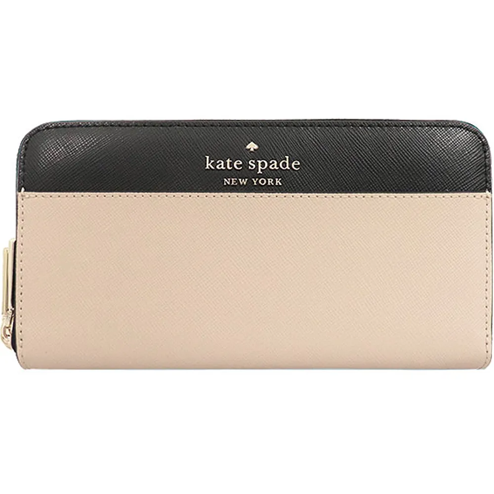 【KATE SPADE】STACI杏色X黑防刮皮革拉鍊式長夾
