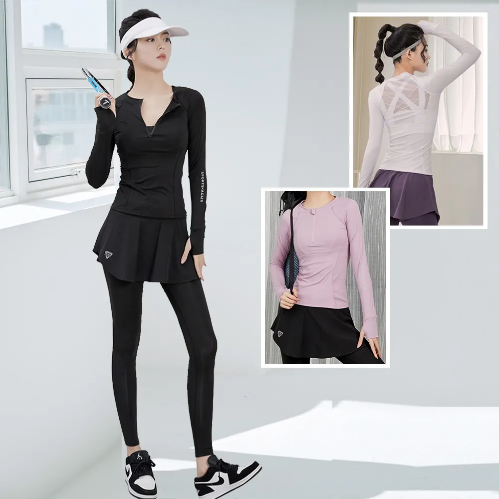 【BODYAIR】拉鍊領小腰背紗長袖上衣+假兩件一片裙九分褲組(瑜珈.運動.慢跑.透氣.舞蹈.運動服.運動褲)