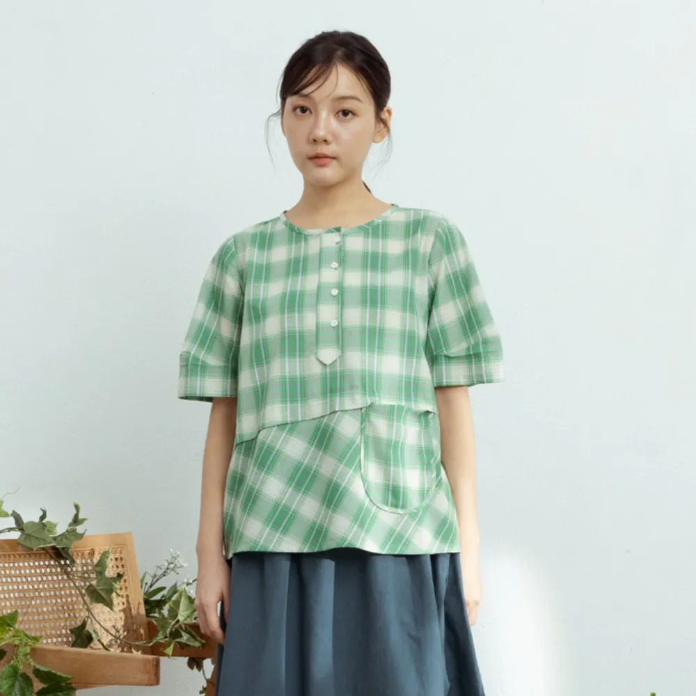 【MOSS CLUB】日本格子布半開襟剪接短袖上衣 綠 桔(魅力商品)