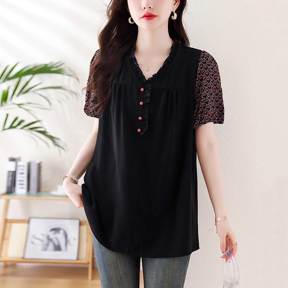 【ALLK 歐楷】新品 配色雪紡衫長上衣 圖片色(尺寸L-XXL/中大尺碼/涼爽/透氣)