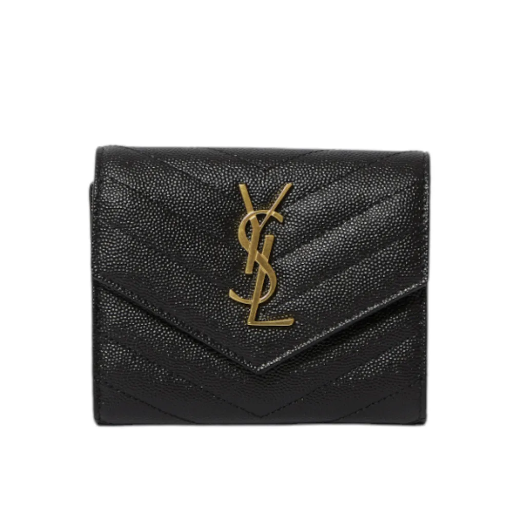 【YSL】SAINT LAURENT Cassandre 荔枝皮 皮革 三折開釦 短夾 卡夾 零錢包 黑色 金色 403943
