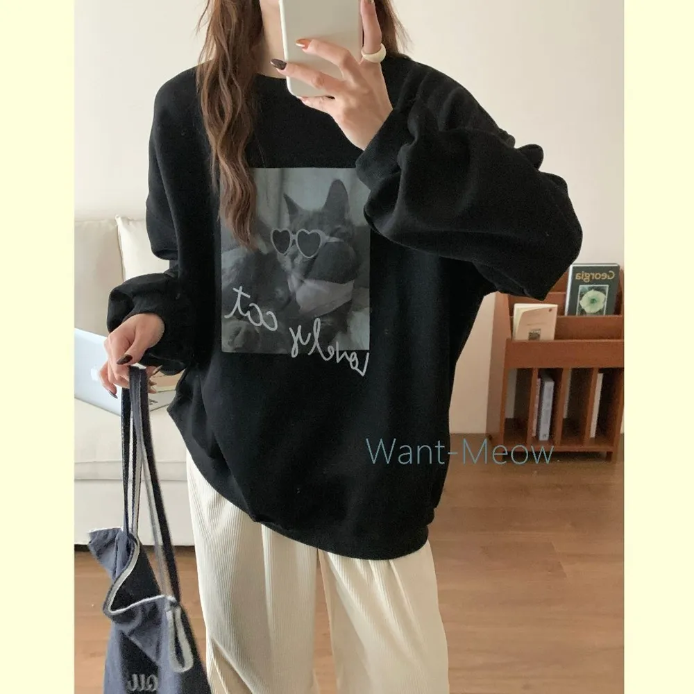 【Want-Meow】90公斤可穿/愛心墨鏡可愛喵!寬鬆長袖鋪棉大學T(大碼/大尺碼/加大碼/長袖鋪棉大學T)