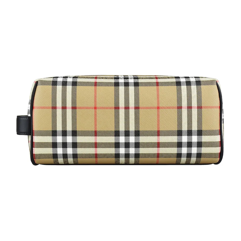 【BURBERRY 巴寶莉】BURBERRY LOGO拉鍊格紋PVC手拿旅行收納包(典藏米)