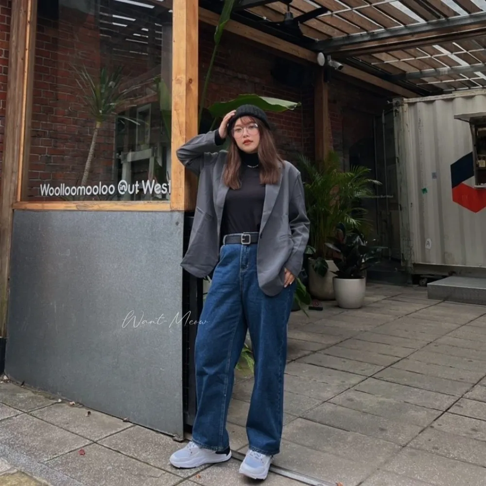 【Want-Meow】自訂款100公斤可穿/深藍色直筒褲寬褲鬆緊褲頭男友褲牛仔褲(大尺碼/大碼/直筒牛仔褲)