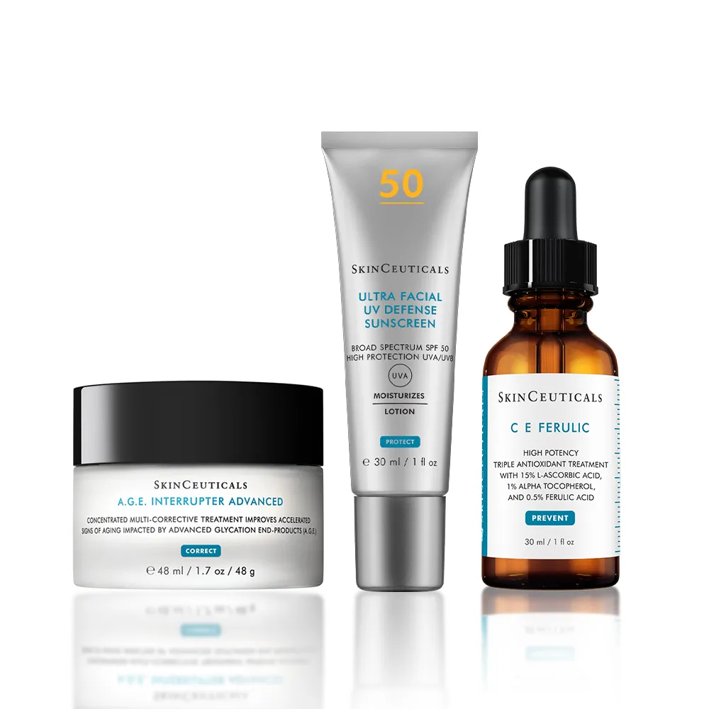 【Skin Ceuticals 修麗可】頂級抗氧撫紋★超濃度CE緊緻修護抗氧化精華+AGE普拉斯鏈活膚緊緻霜+保濕防曬隔乳