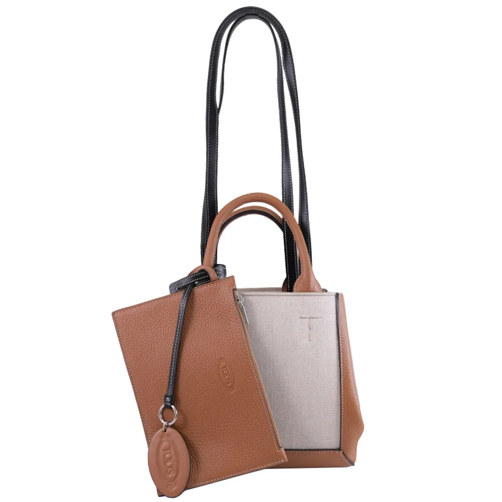 【TOD’S】Double Up 經典撞色牛皮吊飾雙背帶肩背包托特包(米/咖)