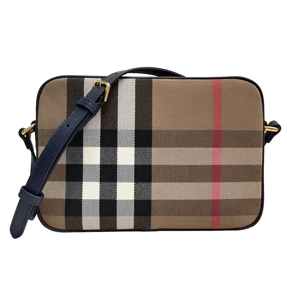 【BURBERRY 巴寶莉】40571571 經典格紋Haymarket PVC皮革飾邊水桶款肩背/斜背包(紅色)