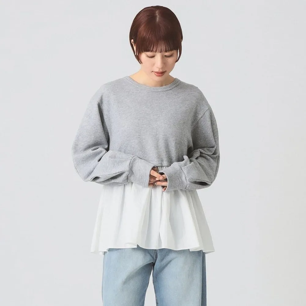 【BEAMS】官方旗艦館 Ray BEAMS / 女裝 抓皺 拼接 衛衣式 圓領 上衣