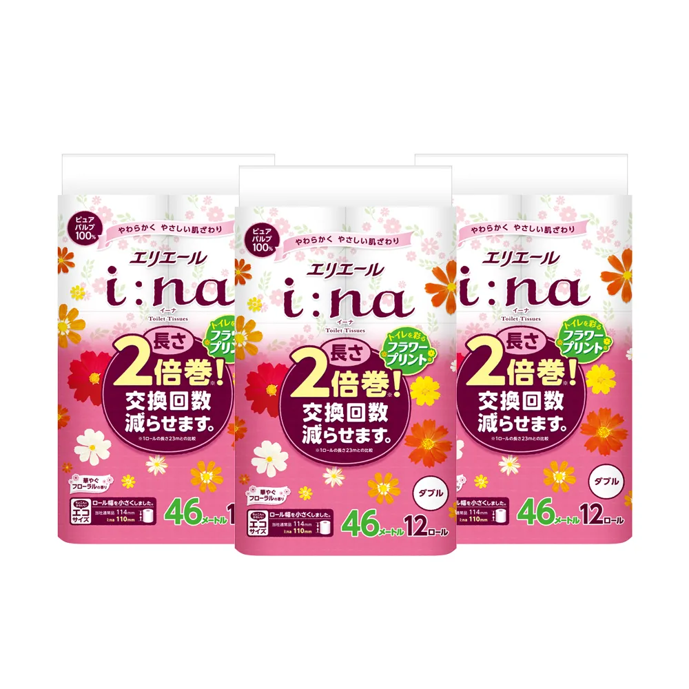 【日本大王】elleair i:na2倍印花捲筒衛生紙12捲X3串組_雙層50M(花香)
