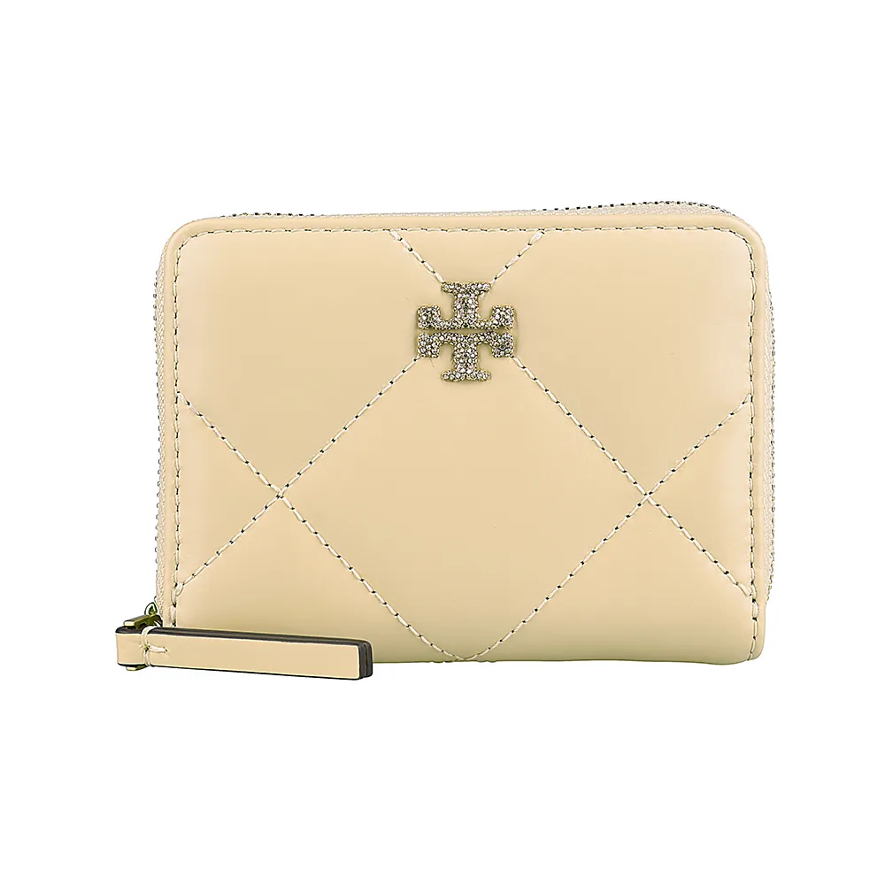 【TORY BURCH】TORY BURCH Kira水晶雙T字LOGO納帕皮革絎縫菱格4卡拉鍊零錢包(小/奶油米)