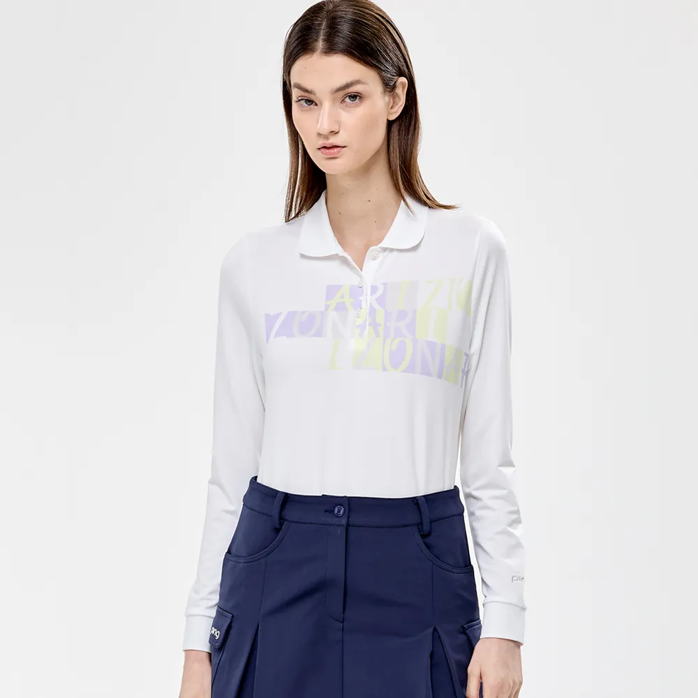 【PING】女款胸前字母吸濕排汗高爾夫薄長袖POLO衫-白(GOLF/高爾夫球衫/RA24201-87)