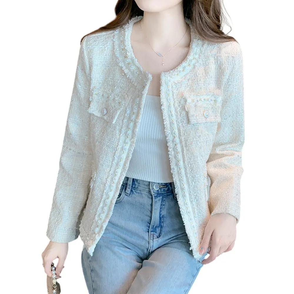 【CHACO】/預購/女 質感小香風粗釘珠滾邊花呢長袖外套#8980(女 小香 粗花呢 外套 婚宴 尾牙)