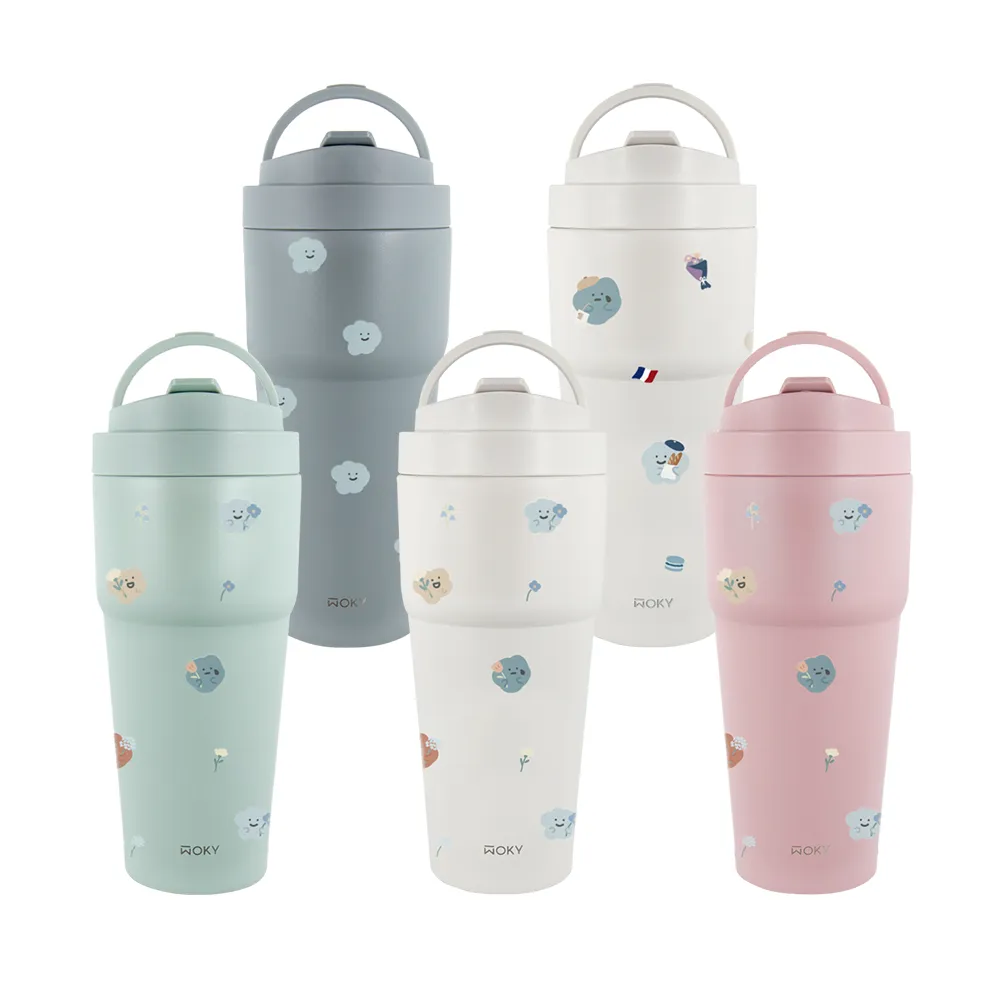 【WOKY 沃廚】方坊文創聯名_渾圓杯 鈦陶瓷款770ml-附彈跳吸管&矽膠粗吸管(隨行杯/吸管杯/保溫杯/保溫瓶)