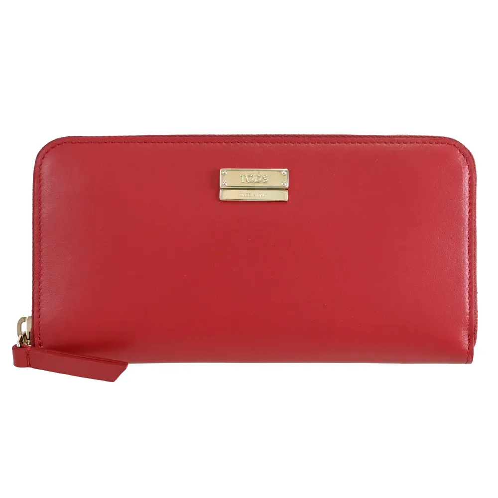 【TOD’S】TODS 簡約LOGO滑面小牛皮拉鍊發財零錢長夾(亮紅)