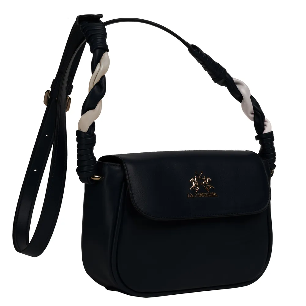 【LA MARTINA】雙11 義大利原裝進口 頂級金標素面皮革肩背包 LMBA01124T(黑色)