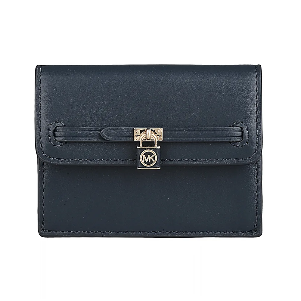【Michael Kors】MK MICHAEL KORS Hamilton Legacy 鎖頭金字LOGO牛皮2卡釦式卡片零錢包(海軍藍)