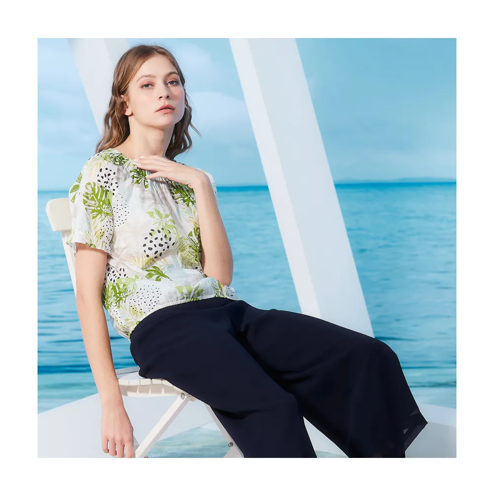 【LUNG.L 林佳樺】LR70A 白色底熱帶綠葉印花連袖棉質女裝上衣(春夏新品)
