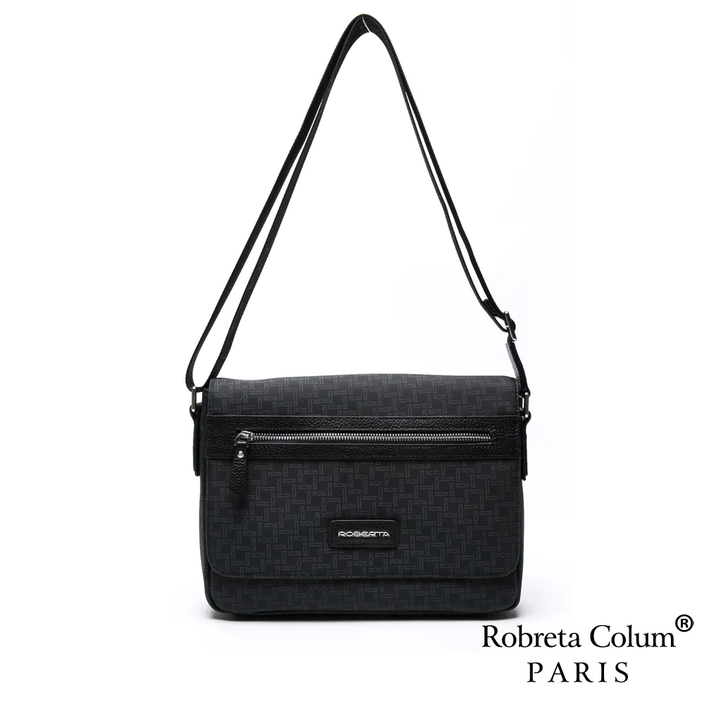 【Roberta Colum】雙11 真皮包包  雅痞牛皮掀蓋橫式斜背側背包