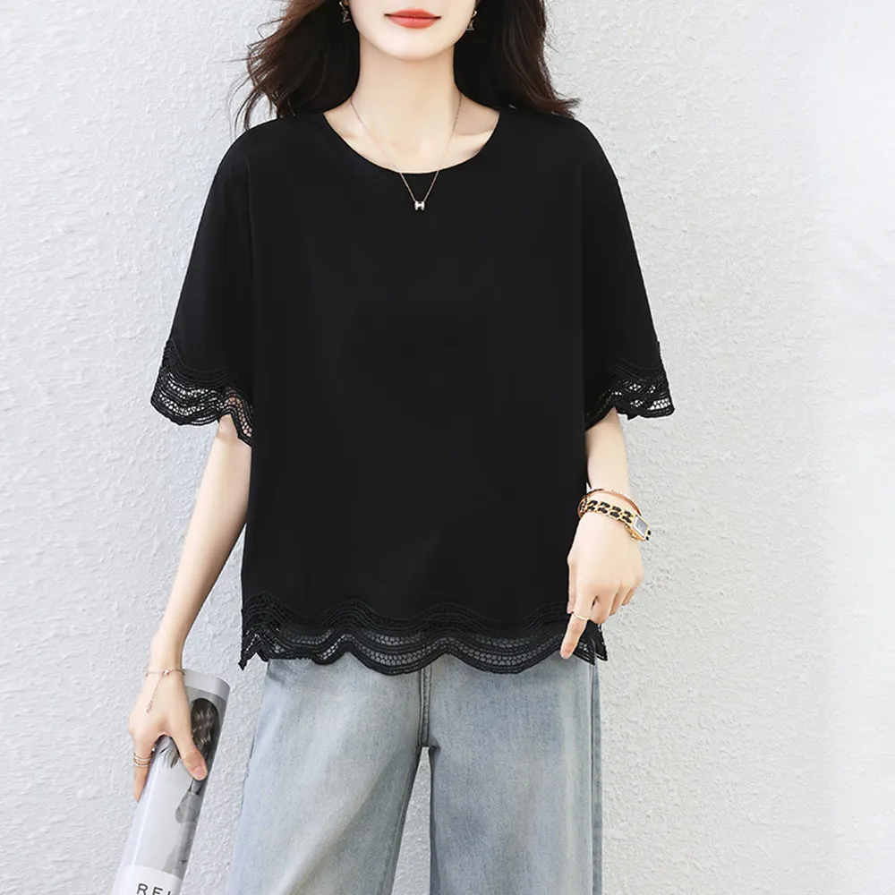 【ALLK 歐楷】新品 蕾絲拼接上衣 黑色(尺寸L-XXL/中大尺碼/涼爽/透氣)