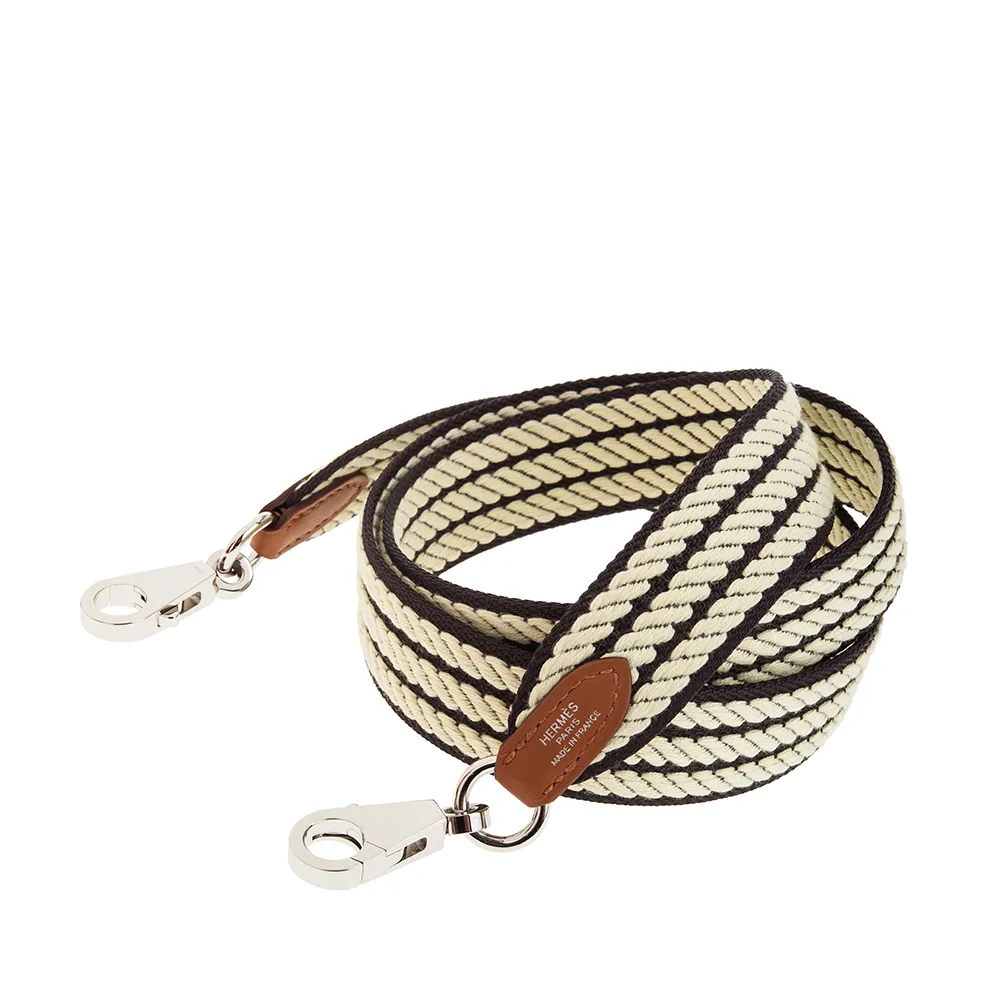 【Hermes 愛馬仕】經典Sangle Cordage 系列雙色銀扣窄版織帶/背帶(prunoir/jaune Milton/gold)