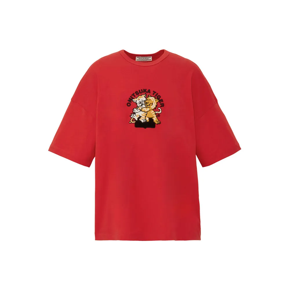 【Onitsuka Tiger】鬼塚虎-紅色童趣老虎刺繡 LOGO 短袖上衣(2183B613-600)