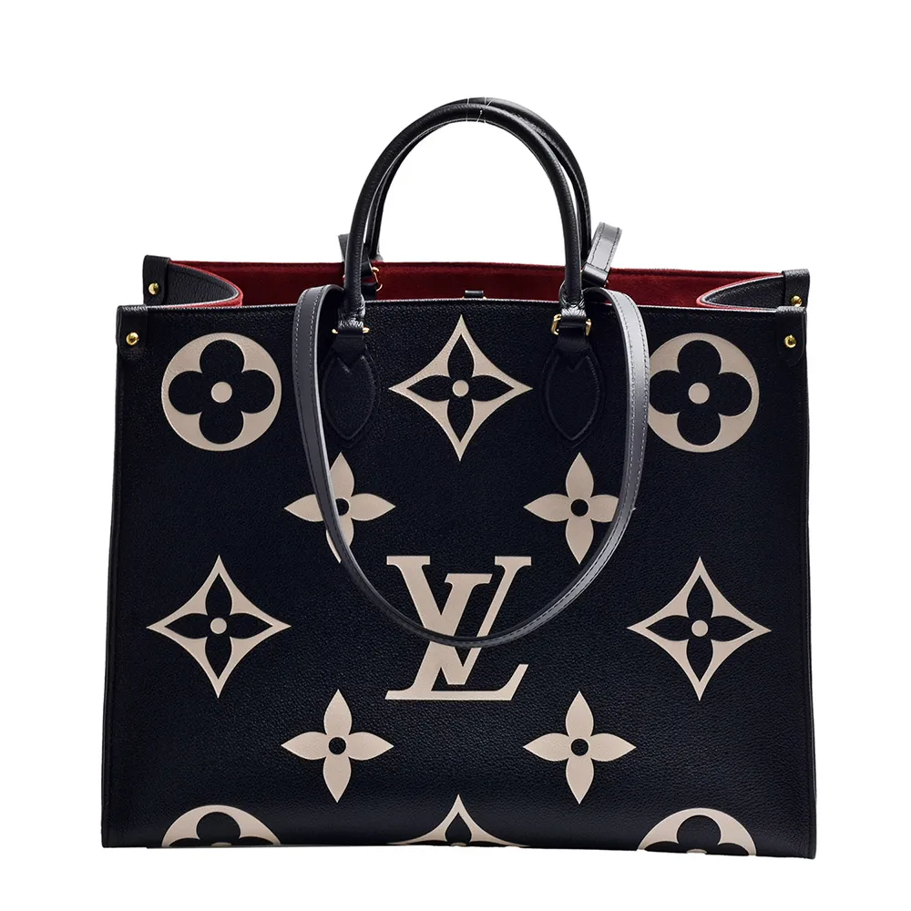 【Louis Vuitton 路易威登】M45945經典ONTHEGO GM Empreinte雙色牛皮手提/肩背購物包(黑/米色)