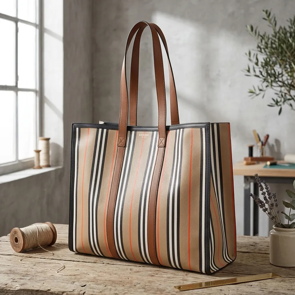 【BURBERRY 巴寶莉】BURBERRY 英式條紋PVC拼牛皮磁吸釦肩背托特包(中/卡其x黑)