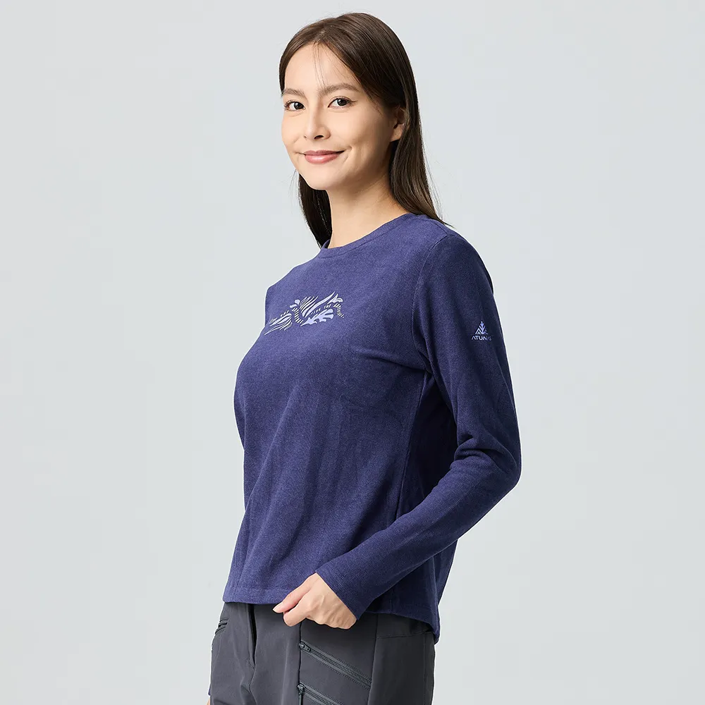 【ATUNAS 歐都納】女款經典保暖長袖圓領衫(A2TS2540W靛藍/刷絨柔軟/素面長T/日常休閒)