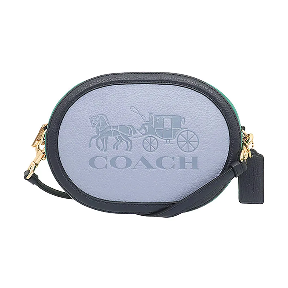 【COACH】煙霧藍x深藍牛皮壓印馬車拉鍊斜背包(C5777 IMRGX)