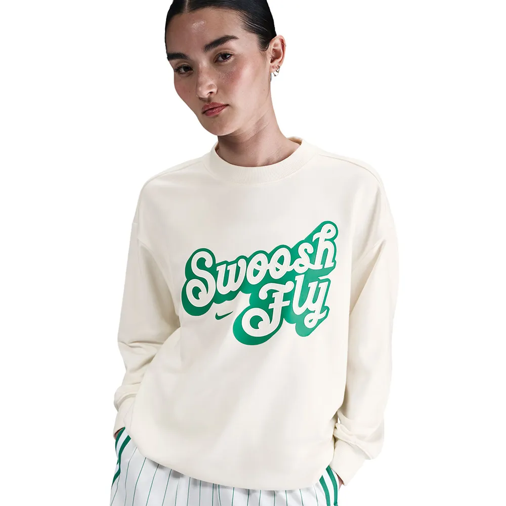 【NIKE 耐吉】長袖上衣 女 大學T 寬鬆版型 毛圈布 AS W NK SWSH FLY SSNL FLC TOP 米 FZ5515-133