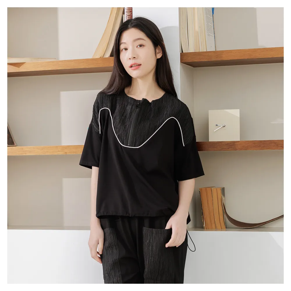 【iNio 衣著美學】短袖上衣 現貨 春夏新品 造型線紋 拼接 圓領 短袖棉T(CEW1071)