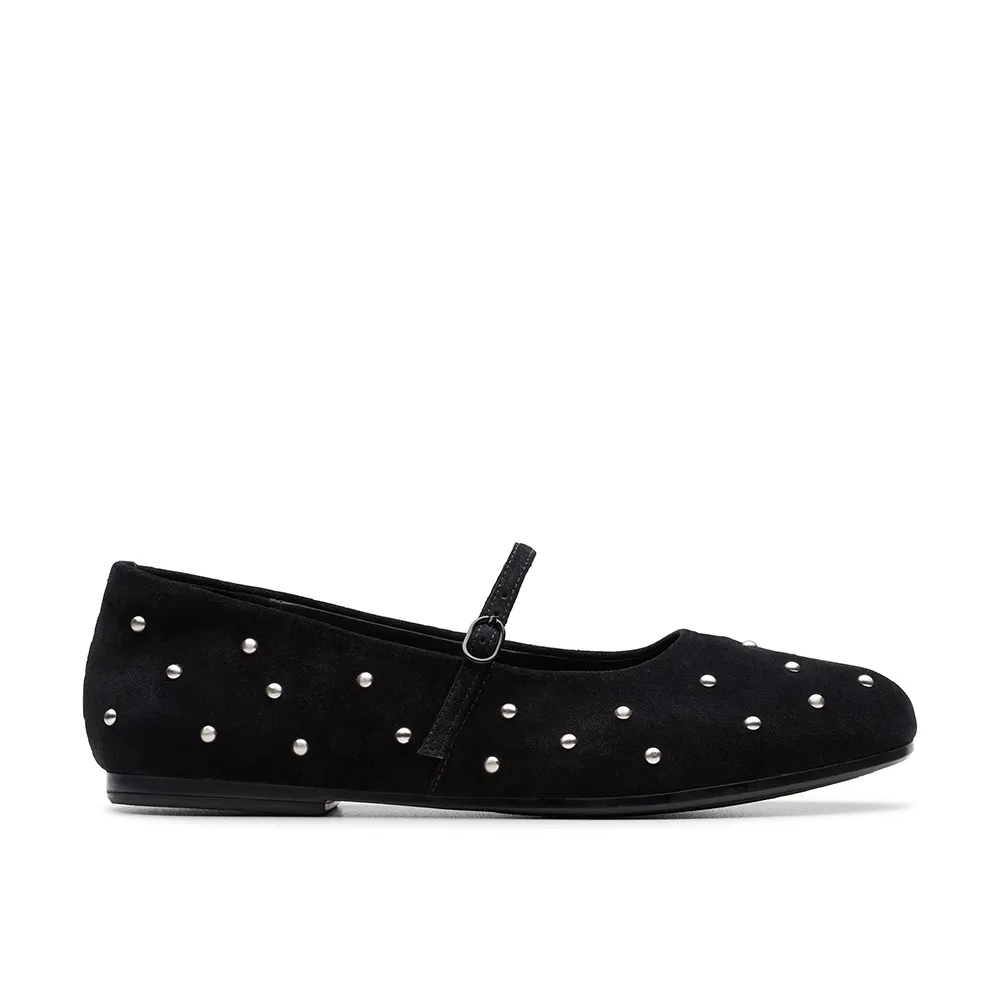 【Clarks】女鞋 -Livia Stud真皮鉚釘瑪莉珍鞋 平底鞋(黑色)(CLF84157C)