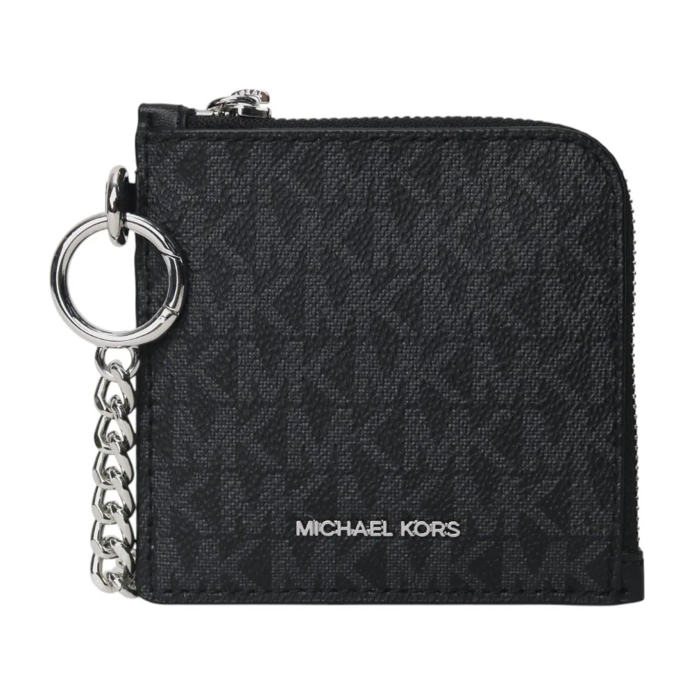 【Michael Kors】銀字滿版防刮鍊帶L型拉鍊零錢包(黑灰)