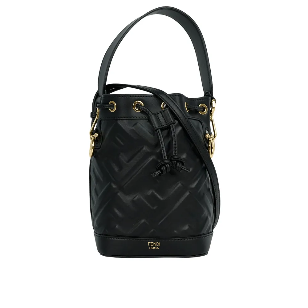 【FENDI 芬迪】MON TRESOR FF 浮雕小牛皮二用迷你水桶包(黑色)