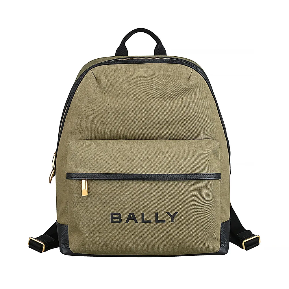 【BALLY】BALLY Bar經典燙印黑字LOGO帆布拼接牛皮拉鍊後背包(卡其綠)