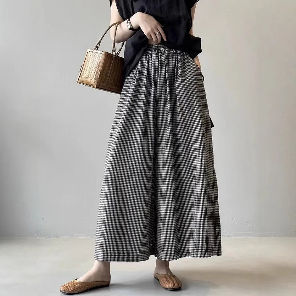 【ASister 小姊姊】AS2674#女裝｜休閒褲☆中大尺碼鬆緊帶棉麻格子9分寬褲(黑色 M-2XL)