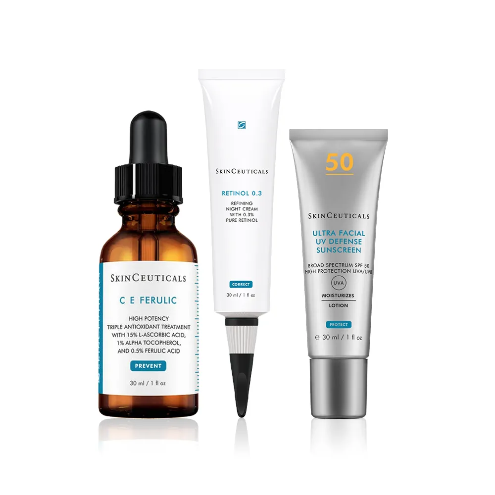 【Skin Ceuticals 修麗可】早C晚A+小銀傘防曬組★CE抗氧化精華+0.3 A醇抗痕新生精華乳+極致保濕防曬隔離乳