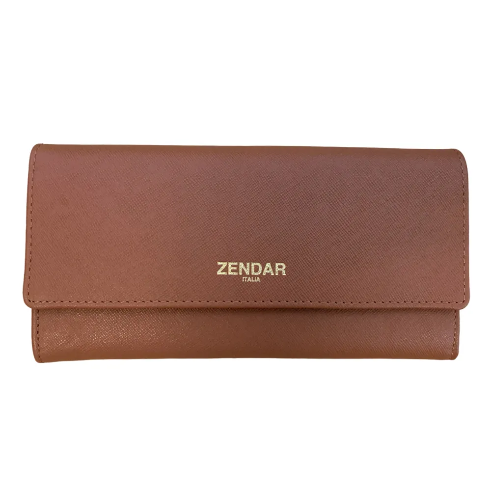 【ZENDAR】頂級小牛皮十字紋翻蓋長夾 米蘭系列(琥珀色 送禮盒提袋)