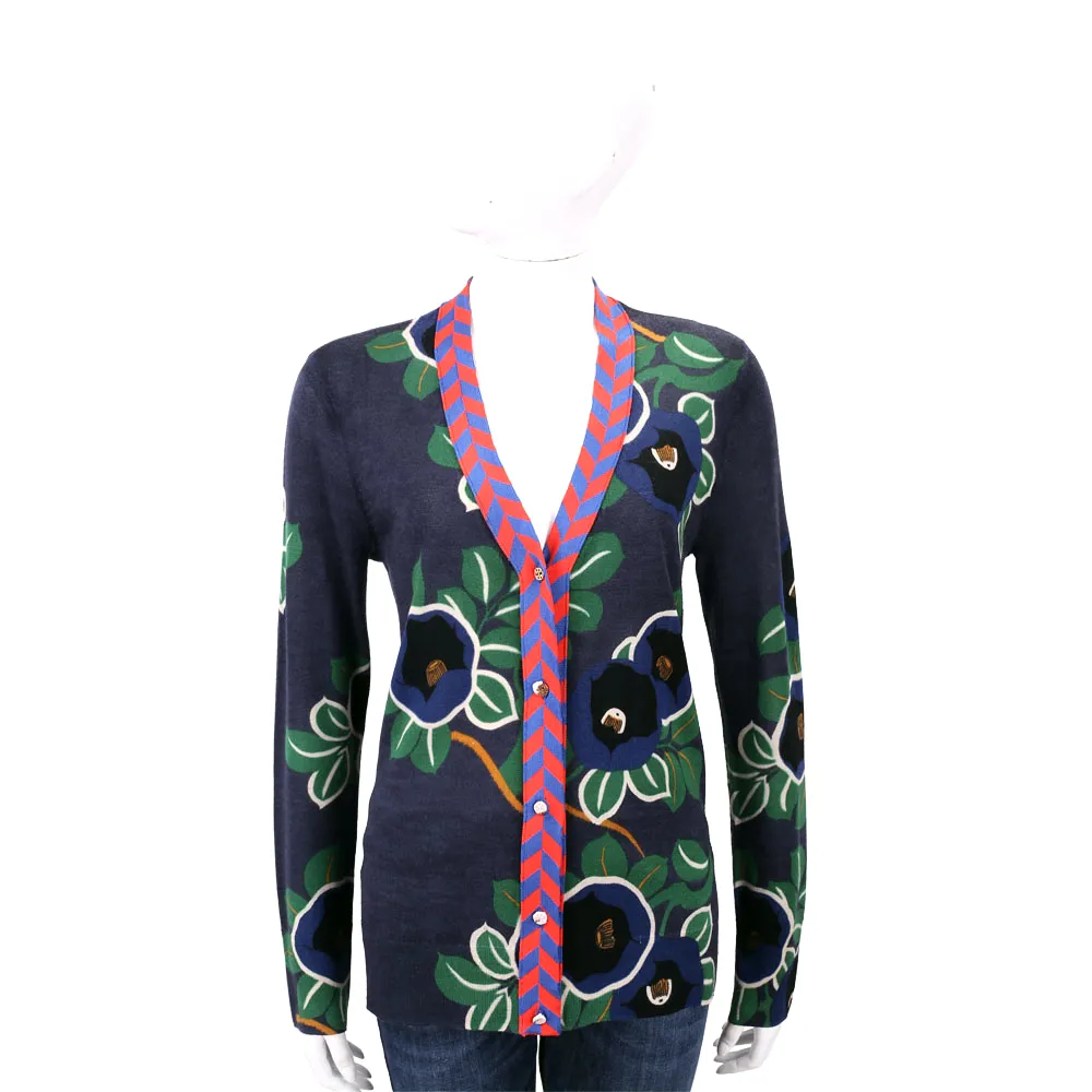 【TORY BURCH】Lorna Floral 綠葉藍印花美麗諾羊毛針織外套(長袖 上衣 TB)