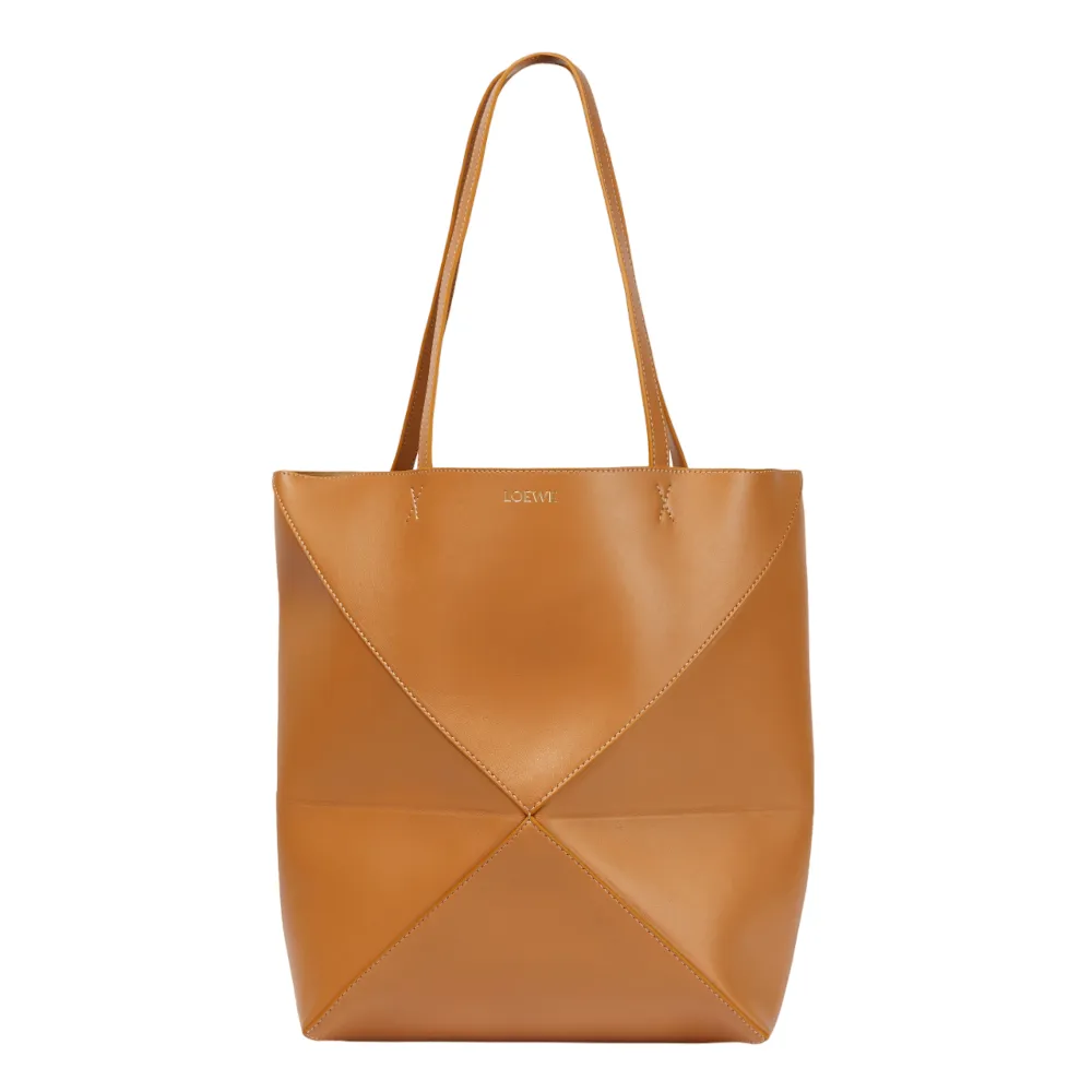 【LOEWE 羅威】Puzzle Fold Tote 中款 亮面牛皮 折疊 托特包 暖沙色