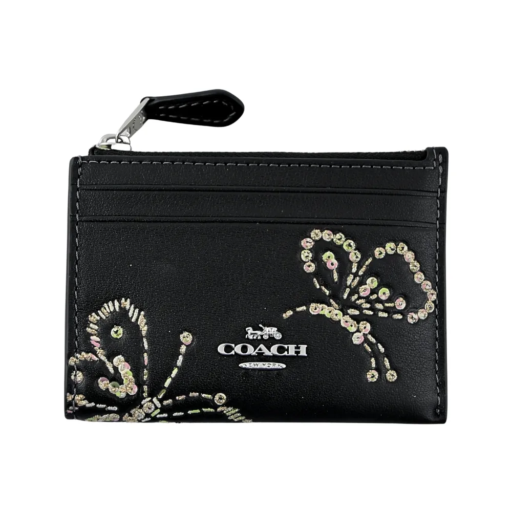 【COACH】仿刺繡效果亮粉燙印皮革前卡夾鑰匙零錢包(蝴蝶皮雕/黑色素面)